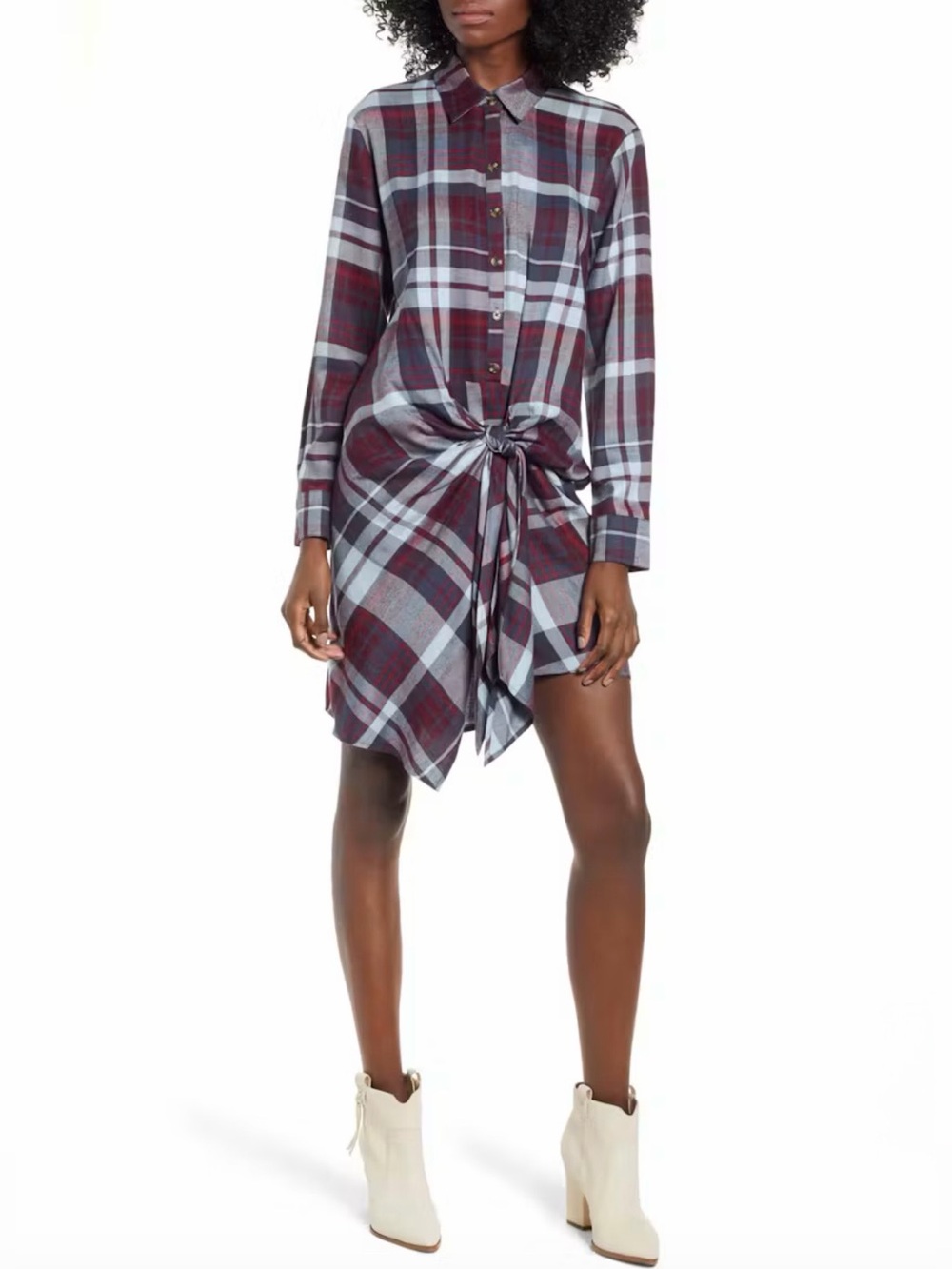 Socialite Plaid Tie Waist Shirtdress, size M